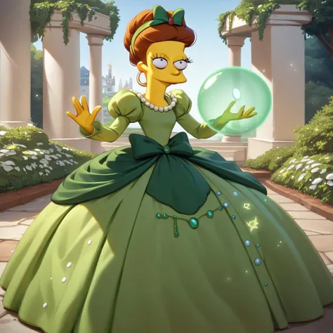 score_9, score_8_up, score_7_up, score_6_up, score_5_up, score_4_up, garden, castle garden, Laura_Powers, solo, 1 girl, simpsons, long brown hair, makeup, green hairband with bow, huge green rococo princess ball gown hoop skirt, huge pannier skirt, ball gown hoop skirt, green princess dress, hoopdress, my big princess gypsy wedding dress, ballgown, Ba11g0wn, puffy sleeves, long sleeves, a girl in a dress posing for a picture, looking at viewer and smiling, holding a magical orb in hand, casting a magic spell,