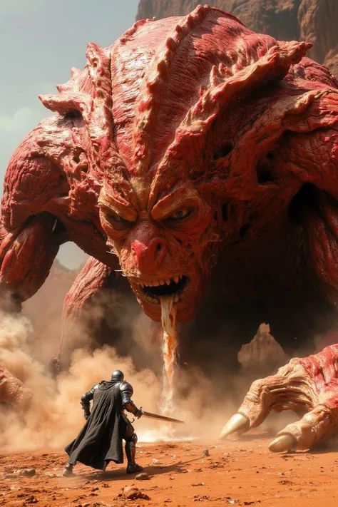 <lora:Plastinates:1> photograph of a huge battle scarred plastinate endboss, spitting acid liquids at the viewer, direct eye contact, intimidating eye contact, depicted in a deadly mars dersert landscape, the image has a realistic looking texture and lighting, dynamic angle,
an epic final endboss battle emerges, tense atmosphere,
captured on a (Phase One XF IQ4 150MP), rule of third composition, bosstyle,
<lora:fluxenhancer:0.2>, midjourneyv6.1 <lora:MidjourneyV6.1:0.4>, <lora:FluxBossBattle:0.7>