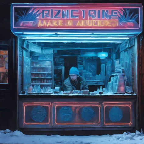 a vinyl album with, vinyl, record jacket, vinyl cover from 1988,  album cover art, top-rated, top - rated, 80s, album art, 

 
Frozen ruins, icy structures, mysterious blue glow, ancient carvings in ice, Cyberpunk market, neon-lit stalls, diverse crowd, robotic vendors 