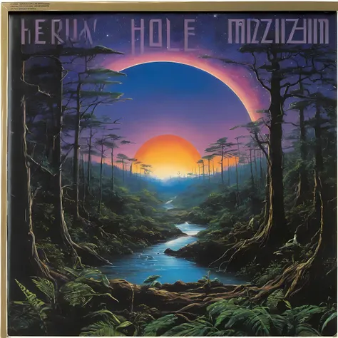 a vinyl album with, vinyl, record jacket, vinyl cover from 1988, album cover art, top-rated, top - rated, 80s, album art,
Black hole horizon, twisted light, collapsing stars, alien spacecraft on the edge, Cyborg jungle, metallic trees, glowing foliage, mechanical creatures