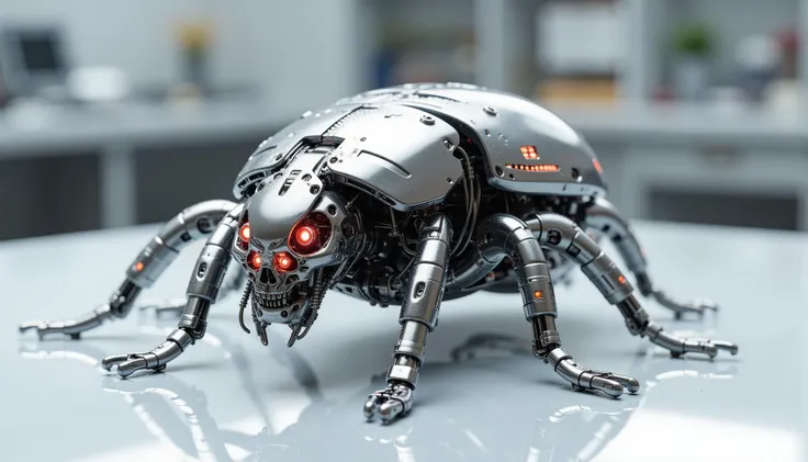 a_skynet_cyberdyne_systems_craft, the image is featuring a futuristic, highly advanced mechanical battle beetle as seen from the side, the insect is on a clean white laboratory table. the beetle has a shiny polished reflective silver color, blended with intricate, metallic details, including bolts, wires, and mechanical components, giving the beetle an highly advanced look. the beetle has two small flamethrowers installed on its body. glowing, intense red light diods on the grip emit a menacing, otherworldly glow.
16k, high-difinition, 32-Bit-high color, high-resolution, high-fidelity, high-quality, ultra HD, super-resolution, enhanced detail, crystal clear, high-definition color, high-definition texture, sharpness boost, perfect imperfection, masterpiece,