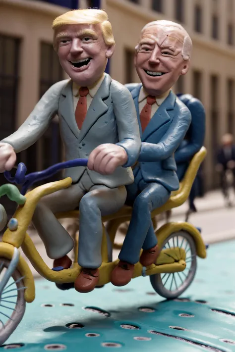 clayanim, close-up of donald trump and (Joe Biden) in suit, laughing on a tandem bycicle, in a city street, (fingerprints:1.2), DOF, sharp focus, <lora:ClayAnim:1>