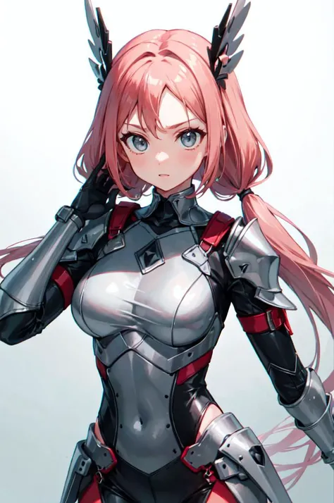 <lora:LowTwintailsHelper:1> low twintails,, ultra detailed, masterpiece, best quality, aesthetic, detailed,, serious, 1girl, (white eyes:1.1), (grey eyes:1.3), white hair, very long hair, parted hair, parted bangs, <lora:parted_hair_v1.3:1.3>, medium breasts,, valkyrie, (bodysuit:1.1), pink wing hair ornament, grey armored skirt, black bodysuit, armor, gauntlets, pink breastplate, greaves, armored dress, pink hues,