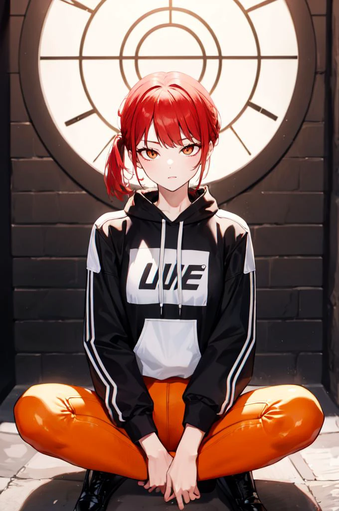 <lora:LotusPosition:0.75> LotusPosition, Lotus position,, absurdres, ultra detailed, masterpiece, best quality, aesthetic, detailed,, solo, 1girl, red hair, orange eyes, amber eyes, swept bangs, parted bangs, <lora:LowTwintailsHelper:1> low twintails,
short hair, medium hair, small breasts, <lora:Tsurime3:1>, (tsurime:1.2),, leggings, leather jacket, long shirt, combat boots, hoodie,