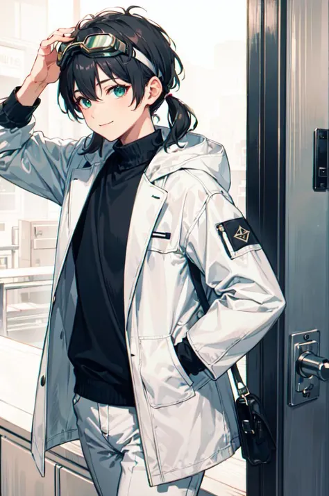 <lora:LowTwintailsHelper:1> low twintails, (otoko no ko:1.3),, ultra detailed, masterpiece, best quality, aesthetic, detailed,, ultra detailed, masterpiece, best quality, solo, smile, 1boy, green eyes, short hair, black hair, bangs, hair between eyes, messy hair, (goggles on head:1.2),, headband, white coat, hooded coat, hood down, open coat, turtleneck, capri pants, pants, black knee boots,