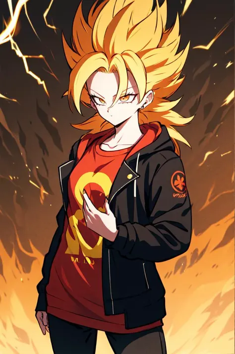 <lora:SuperSaiyanHair:1> SuperSaiyan, blonde hair, super saiyan, spiked hair, aura, electricity, long hair, absurdres, ultra detailed, masterpiece, best quality, aesthetic, detailed,, solo, 1girl, red hair, orange eyes, amber eyes, swept bangs, parted bangs, <lora:LowTwintailsHelper:1> low twintails,
short hair, medium hair, small breasts, <lora:Tsurime3:1>, (tsurime:1.2),, leggings, leather jacket, long shirt, combat boots, hoodie,