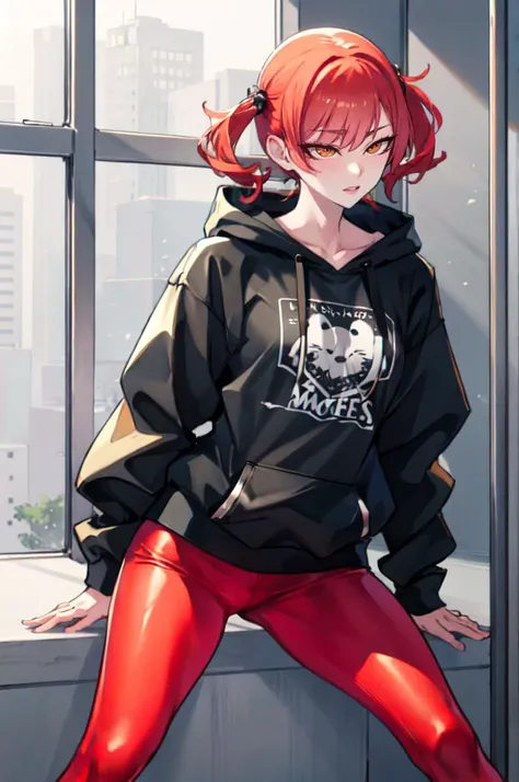 <lora:ban!_locon_v2_5e4_32d_16c:1>, absurdres, ultra detailed, masterpiece, best quality, aesthetic, detailed,, solo, 1girl, red hair, orange eyes, amber eyes, swept bangs, parted bangs, <lora:LowTwintailsHelper:1> low twintails,
short hair, medium hair, small breasts, <lora:Tsurime3:1>, (tsurime:1.2),, leggings, leather jacket, long shirt, combat boots, hoodie,