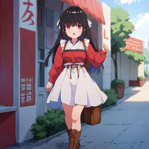 <lora:Karasuba Prima Doll_pxl:1>, score_9, score_8_up, score_7_up, source_anime,Karasuba, 1girl, solo, long hair, looking at viewer, open mouth, bangs, black hair, wearing boots, walking to the market