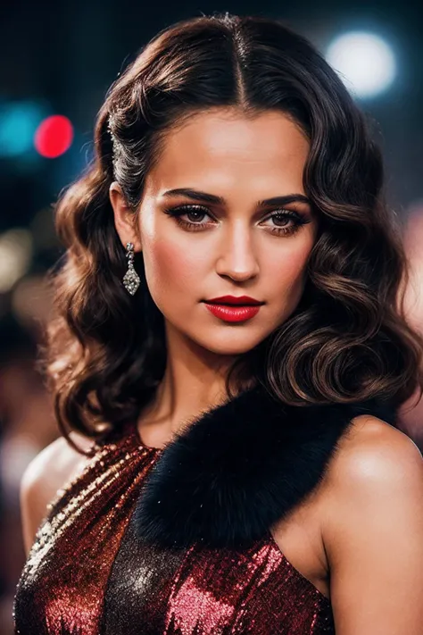 AliciaV_SoloTI_v1,
(Dressed in a glamorous gown with sequin embellishments and fur stole, styled with vintage curls and bold red lipstick),
(Amidst the glitz and glamour of a 1950s Hollywood movie premiere, with photographers flashing and crowds buzzing with excitement:1.3),
(seductive:1.3),(analog, cinematic, film grain, hazy atmosphere, cinematic shot:1.3), 
 <lora:add_detail:0.6>, PA7_Portrait-MCU,
