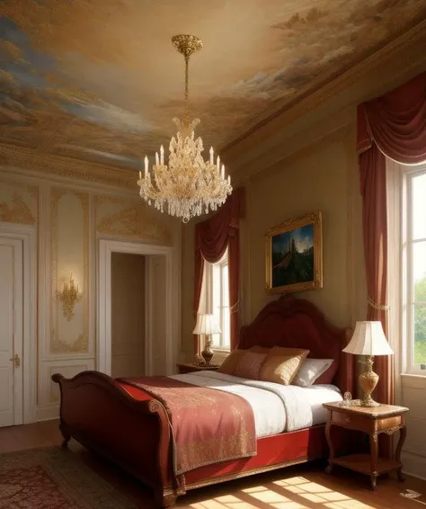 Masterpiece, 4K, beautiful design, absurdres, ,lh_room, a bedroom with a bed and a chandelier, (masterpiece:1.5) (painting:1.1) (best quality) (detailed) (intricate) (8k) (HDR) (wallpaper) (cinematic lighting) (sharp focus)