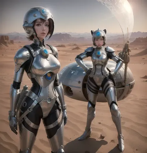 woman girl, in a polished aluminum suit desert moon landscape jetpack glass dome helmet clockwork (masterpiece:1.5) (painting:1.1) (best quality) (detailed) (intricate) (8k) (HDR) (wallpaper) (cinematic lighting) (sharp focus)