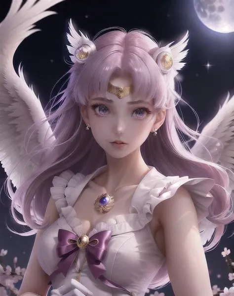 1girl, eternal sailor moon, night sky, cherry blossoms, detailed face, face focus, shiny skin, game cg, night sky, moonlight, moon, (wings 1.5), white gloves, magical girl, background , HD. Photography (masterpiece:1.2, best quality), ultra detailed, Ultra-precise depiction, Ultra-detailed depiction,