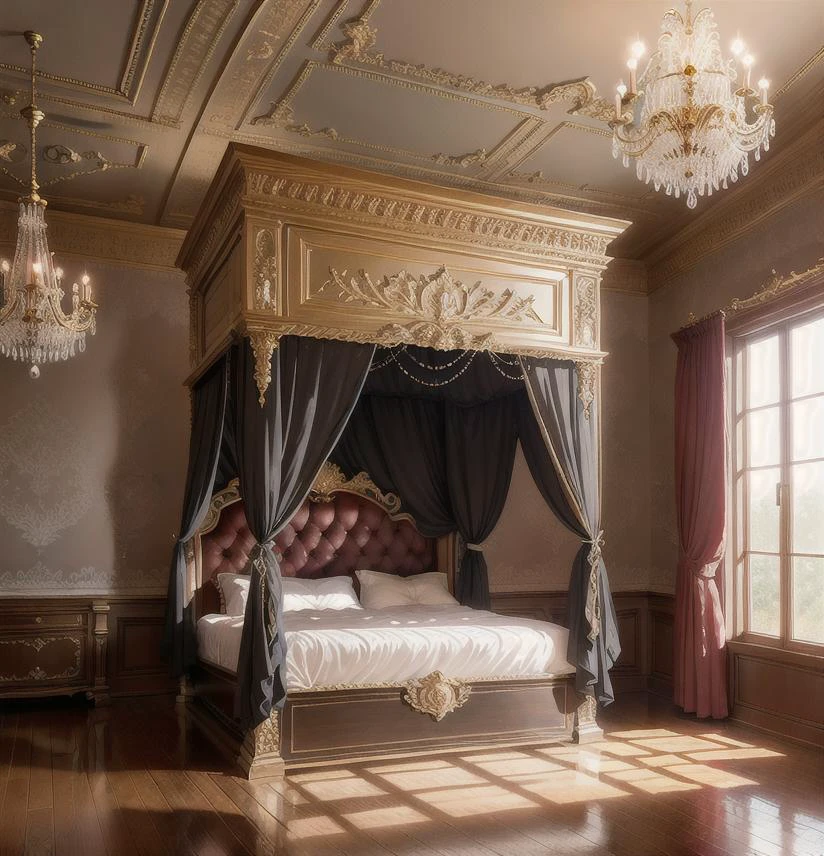 womanMasterpiece, 4K, beautiful design, absurdres, ,lh_room, a bedroom with a bed and a chandelier, (masterpiece:1.5) (painting:1.1) (best quality) (detailed) (intricate) (8k) (HDR) (wallpaper) (cinematic lighting) (sharp focus)