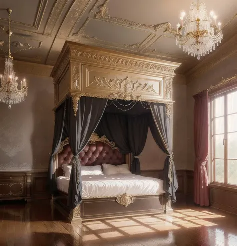 womanMasterpiece, 4K, beautiful design, absurdres, ,lh_room, a bedroom with a bed and a chandelier, (masterpiece:1.5) (painting:1.1) (best quality) (detailed) (intricate) (8k) (HDR) (wallpaper) (cinematic lighting) (sharp focus)