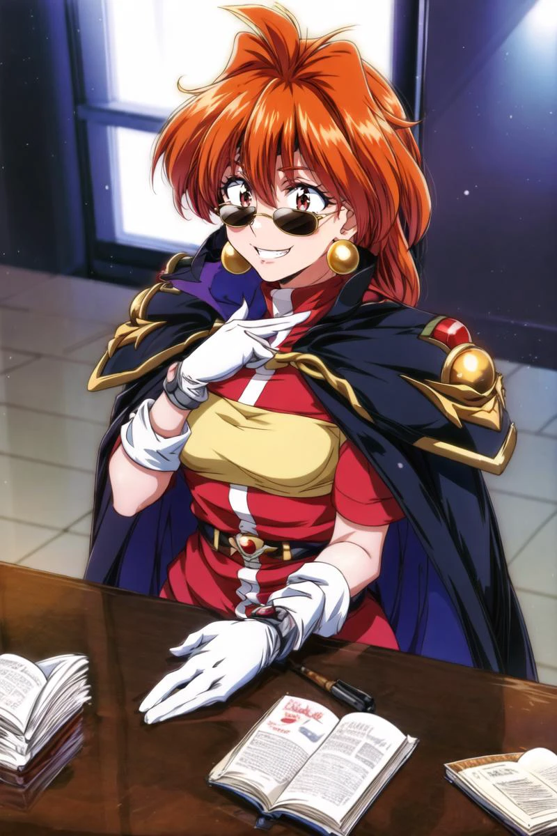<lora:estheticLinaInverse_linainv2:0.7> lina_inverse, 1girl,
cape, earrings, gloves, jewelry, two-finger_salute,
1990s_\(style\),
<lora:Armorial-14:0.85> blazon, emblem, from_above,
prison, prison_cell, table, leather_jacket, cigar, carpet, television, relaxed, sunglasses, grin,
<lora:add_detail:1>, (masterpiece:1.3), (best_quality:1.3), (ultra_detailed:1.3), 8k, extremely_clear,
