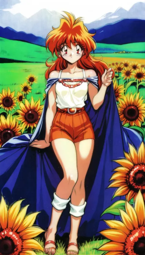 masterpiece, best quality, ultra-detailed, illustration, 1girl, <lora:LinaInv2:0.8>, 1990s \(style\),  red eyes, red hair, orange hair, retro artstyle, solo, traditional media,
in a field of sunflowers,