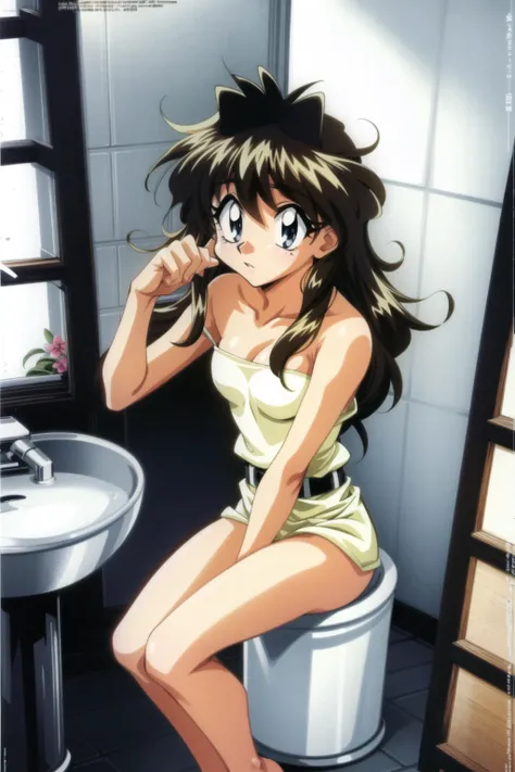 masterpiece, best quality, ultra-detailed, illustration, 1girl, solo, 1990s \(style\), blue eyes, black hair, wiping, bathroom, raises eyes, wiping legs, notices being spied on, shy expression, embarrassment, medium length hair, young adult, caucasian, toilet, toilet paper, bathroom sink, tiles, shower, towel rack, shampoo bottle, toothbrush, soap, mirror, window, peeping tom, voyeur, voyeurism, <lora:LinaInv2:0.8>
