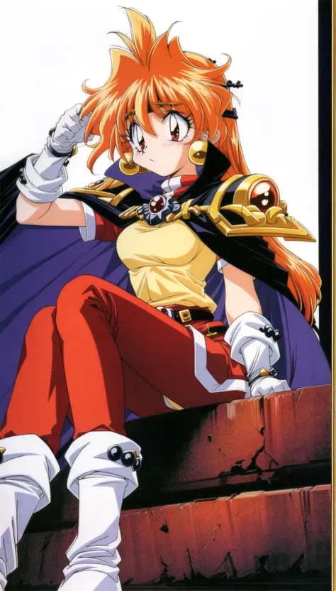 masterpiece, best quality, ultra-detailed, illustration, 1girl, <lora:LinaInv2:0.8>, 1990s \(style\), belt, boots, cape, earrings, gloves, headband, jewelry, lina inverse, long hair, pantyhose, red eyes, red hair, orange hair, retro artstyle, solo, traditional media,