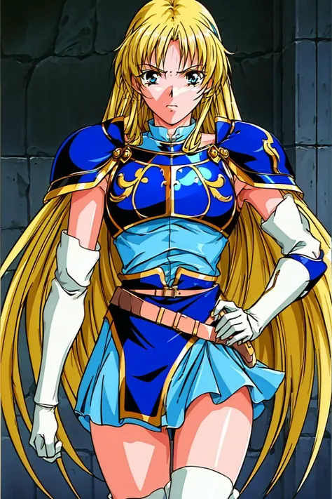 WordsWorth, masterpiece, best quality, 1girl, blue and red outfit,Blue armor, (shoulder armors:1.5), armored dress, armored boots, miniskirt,white gloves,belt, blonde hair,long hair,blue eyes, standing, castle