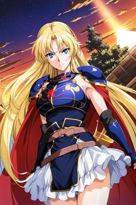 Outdoor,sunset, twilight,Castle,red_sky,sunlight, sunrise, backlighting,cloud, cloudy_sky,mountainous_horizon, orange_sky,
Standing at attention,diffraction_spikes, glint,sparkle,
blue and red outfit,Blue_armor, (shoulder_armors:1.5), armored dress, armored boots, miniskirt,red and blue_cape,white_gloves,belt,
<lora:Sharon_Words_Worth-KK77-V1:0.75>,<lora:Front_Innocent_repack-KK77-V1:0.1>,
blonde_hair,long_hair,blue_eyes,
1 girl, 20yo,mature female,Beautiful Finger,Beautiful long legs,Beautiful body,Beautiful Nose,Beautiful character design, perfect eyes, perfect face,
looking at viewer, (big_eyes:1.0),
NSFW,official art,extremely detailed CG unity 8k wallpaper, perfect lighting,Colorful, Bright_Front_face_Lighting,
(masterpiece:1.0),(best_quality:1.0), ultra high res,4K,ultra-detailed,
photography, 8K, HDR, highres, absurdres:1.2, Kodak portra 400, film grain, blurry background, bokeh:1.2, lens flare, (vibrant_color:1.2)
(Beautiful,large_Breasts:1.4), (beautiful_face:1.5),(narrow_waist),