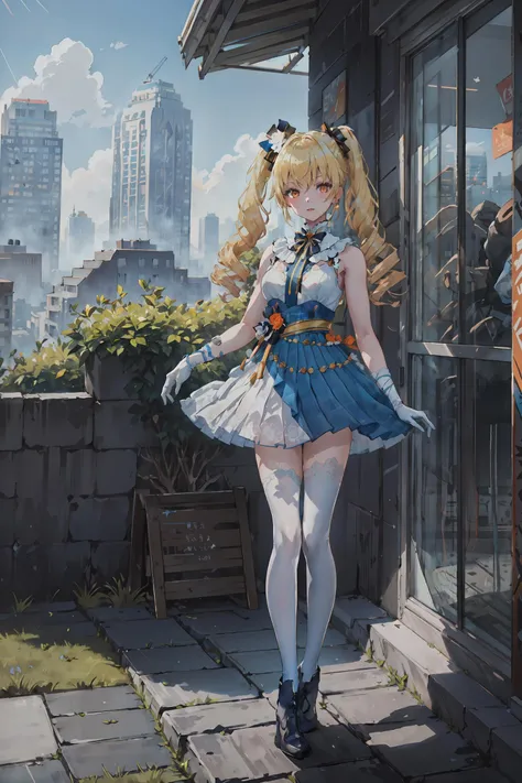 fenniA, lace-trimmed_dress, white_single_legwear, hair_ornament, white_gloves, waist_band, blue_footwear, ribbon, sleeveless, 1girl, solo, twintails, blonde hair, detailed_face, orange_eyes, naughty face, looking at viewer, (full_body:1.2), city,skyscraper, trees, day, blue_sky, dappled_sunlight,summer, holiday, (masterpiece,best quality,beautiful and aesthetic:1.2), <lora:fenniABv1:0.7>