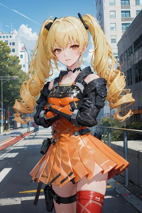 fenniB, long_sleeves_skirt, red_single_thighhigh, thigh_holster, elbow_gloves, hairclip, high_heel_boots, strap, 1girl, solo, twintails, blonde hair, detailed_face, orange_eyes, naughty face, looking at viewer, crossed arms, (cowboy shot:1.2), city,skyscraper, trees, day, blue_sky, dappled_sunlight,summer, holiday, (masterpiece,best quality,beautiful and aesthetic:1.2), <lora:fenniABv1:0.72>