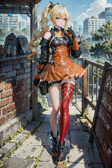 fenniB, long_sleeves_skirt, red_single_thighhigh, thigh_holster, elbow_gloves, hairclip, high_heel_boots, strap, 1girl, solo, twintails, blonde hair, detailed_face, orange_eyes, (light_smile:1.1), looking at viewer, (full_body:1.2), city,skyscraper, trees, day, blue_sky, dappled_sunlight,summer, holiday, (masterpiece,best quality,beautiful and aesthetic:1.2), <lora:fenniABv1:0.75>
