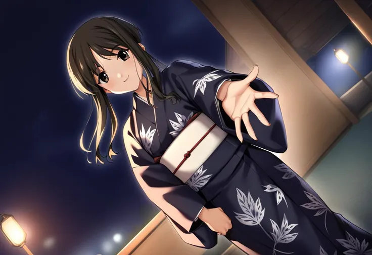 1girl, tsubame\(memories off 2\), kimono, solo, smile, sidelocks, black long hair, black eyes, looking at viewer, long sleeves, dutch angle, outstretched arm, night, masterpiece, best quality, very aesthetic, absurdres, <lora:tsubame:1>