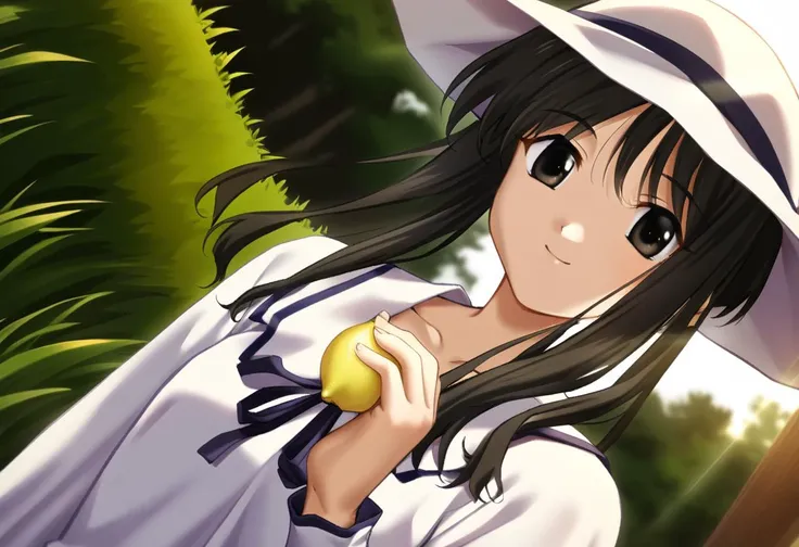 1girl, tsubame\(memories off 2\), solo, outdoors, ribbon, upper body, holding lemon, white sun hat, long sleeves, white dress, black long hair, black eyes, looking at viewer, grass, sidelocks, nature, collarbone, smile, wind, leaf, sunlight, masterpiece, best quality, very aesthetic, absurdres, <lora:tsubame:1>