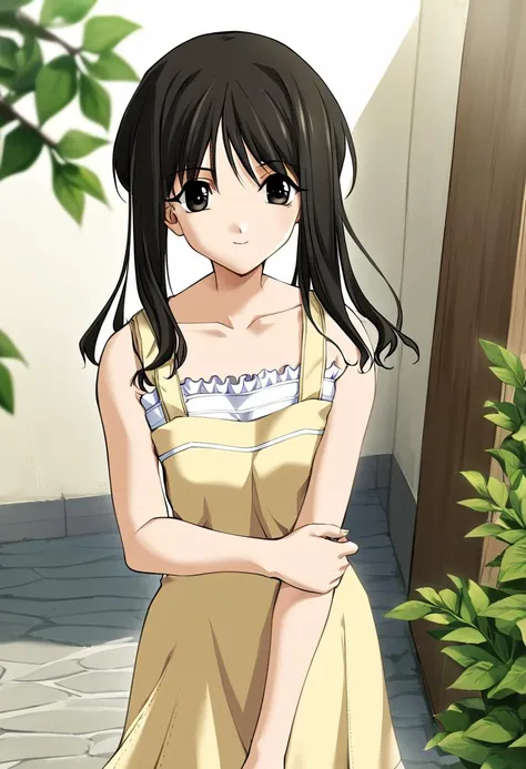 1girl, tsubame\(memories off 2\), solo, looking at viewer, summer, smile, collarbone, yellow sundress, black eyes, black long hair, bare shoulders, standing, bare arms, sleeveless, closed mouth, outdoors, masterpiece, best quality, very aesthetic, absurdres, <lora:tsubame:1>