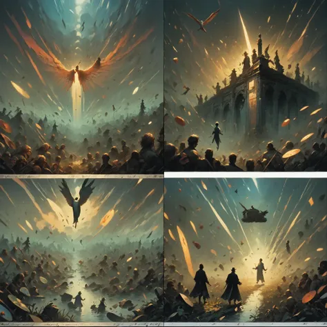 score_9, score_8_up, score_7_up, score_6_up, score_5_up, score_4_up, 4 comic panels, no humans, party time, excellent, existentialism, outdoors, surrealism, rainbows in hell, specular highlights, specular reflection, cinematic angle, dall3pnyxl , <lora:Dalle3CmcPnyXL:1>