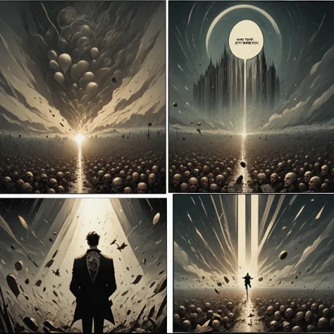 score_9, score_8_up, score_7_up, score_6_up, score_5_up, score_4_up, 4 comic panels, solo, short hair, 1boy, male focus, existentialism, outdoors, the pearly gates of heaven, popped balloons, death and life converge, surrealism, art by salvador dali, specular highlights, specular reflection, cinematic angle, dall3pnyxl , <lora:Dalle3CmcPnyXL:1>