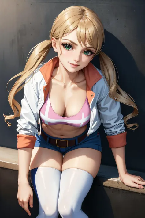 (masterpiece, best quality:1.2), solo, 1girl, lafter frankland, smile, looking at viewer, leaning forward, hands on own thighs, white jacket, sports bra, belt, denim shorts, thighhighs <lora:lafter-nvwls-v1:1>