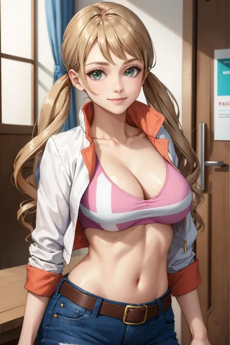 masterpiece, best quality, <lora:lafter-nvwls-v1-000010:0.9> lafter frankland, white jacket, sports bra, belt, denim shorts, large breasts, looking at viewer, smile, upper body, indoors