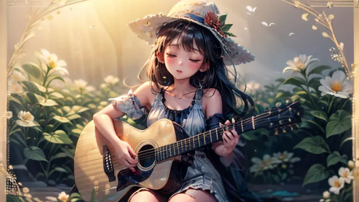 flute, 1girl, guitar, music, playing guitar, female focus, hat, bird, closed eyes, watermark, solo, sitting, nature, bandana, brown hair , (flower background), flower <lora:copax_flower-000001:0.5>, <lora:Copax_BluePlus:0.4>