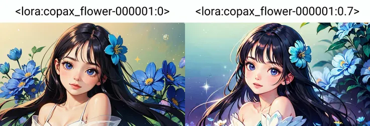 1 girl, kawaii, very long hair, soft ((glossy eyes)), sparkles, flowers, nature, ((flower background:1.3)),blue flowers, <lora:copax_flower-000001:0>