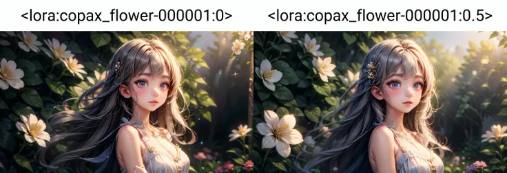 1 girl, kawaii, very long hair, soft ((glossy eyes)), sparkles, flowers, nature, (flower background), flower <lora:copax_flower-000001:0>