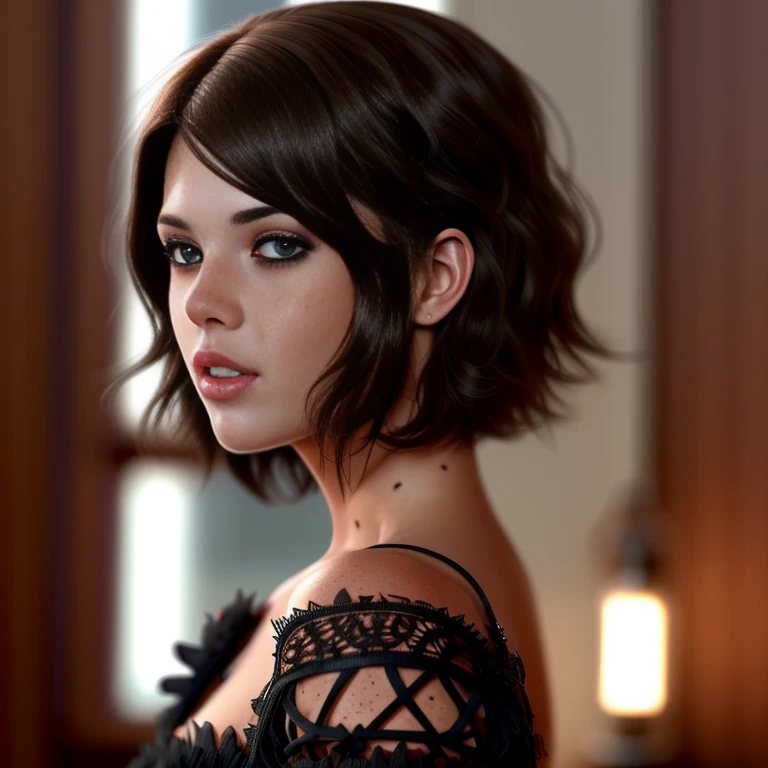 <lora:DiddyLicious_v4:1> a stunning diddylicious, analog style, short brown bob, ((freckles on face)), short hair, ((intricate details)), full torso shot,  beautiful, delicate black lace dress, dynamic pose, windblown hair, perfect face, intricate, complex, Helios 44-2, swirly bokeh, trending on artstation, sharp focus, studio photo, intricate details, highly detailed, sharp, (oil on canvas), perfect lighting, Masterpiece, detailed background, portrait by artgerm and greg rutkowski, cinematic lighting, 8k