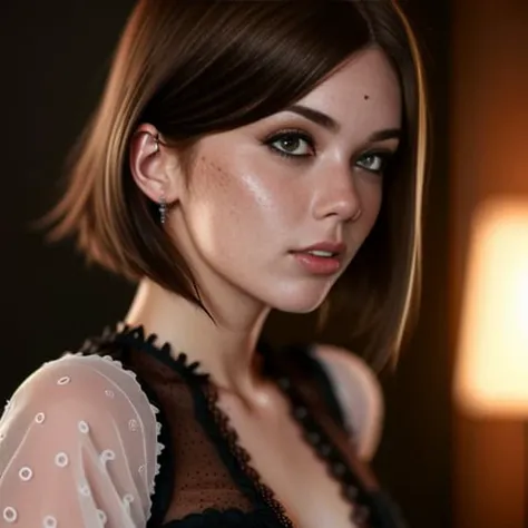 <lora:DiddyLicious_v4:1> a stunning diddylicious, analog style, short brown bob, ((freckles on face)), short hair, ((intricate details)), full torso shot, beautiful, delicate black lace dress, dynamic pose, windblown hair, perfect face, intricate, complex, Helios 44-2, swirly bokeh, trending on artstation, sharp focus, studio photo, intricate details, highly detailed, sharp, (oil on canvas), perfect lighting, Masterpiece, detailed background, portrait by artgerm and greg rutkowski, cinematic lighting, 8k