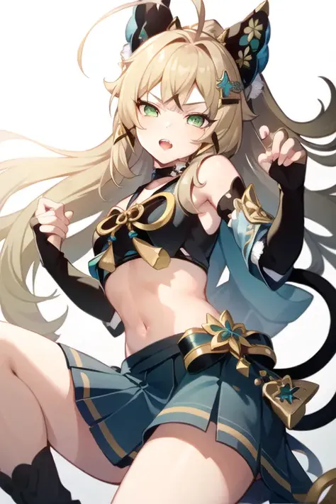 1girl, beautiful, green eyes, blonde hair <lora:Kirara:0.7>, 1girl, green eyes, ahoge, hair ornament, bare shoulders, black crop top, navel, detached sleeves, elbow gloves, fingerless gloves, tail, and skirt, nya, snarl tooth, bangs