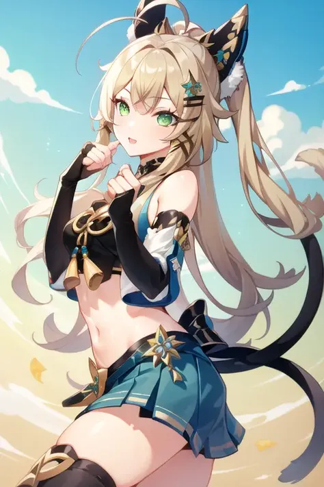 1girl, beautiful, green eyes, blonde hair <lora:Kirara:0.7>, 1girl, green eyes, ahoge, hair ornament, bare shoulders, black crop top, navel, detached sleeves, elbow gloves, fingerless gloves, tail, and skirt, nya