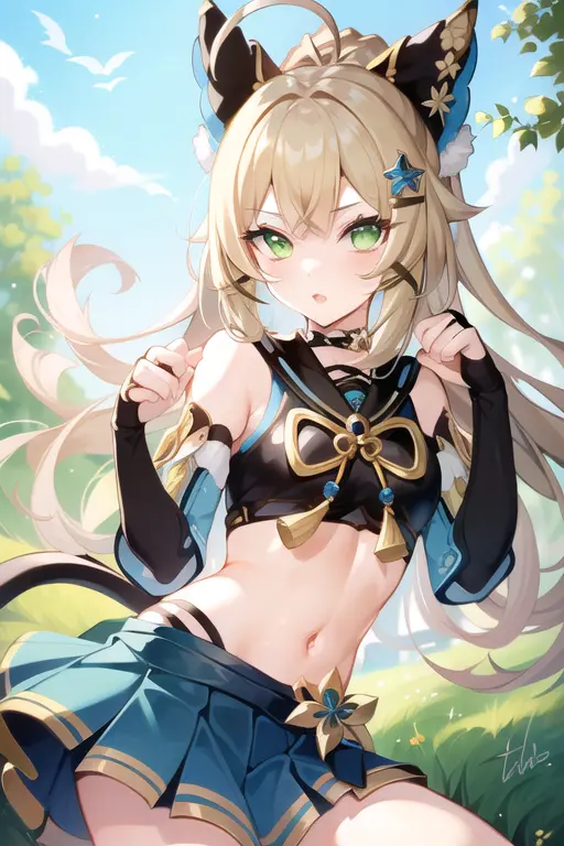 1girl, beautiful, green eyes, blonde hair <lora:Kirara:0.7>, 1girl, green eyes, ahoge, hair ornament, bare shoulders, black crop top, navel, detached sleeves, elbow gloves, fingerless gloves, tail, and skirt