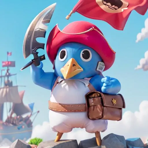 <lora:Prinny:1>, prinny, (pouch:1.2), pirate ship, sky <lyco:SM(120R):0.6>, in the style of SM, pinguin, pirate hat, bomb, (machete:1.2), blue skin, pistol