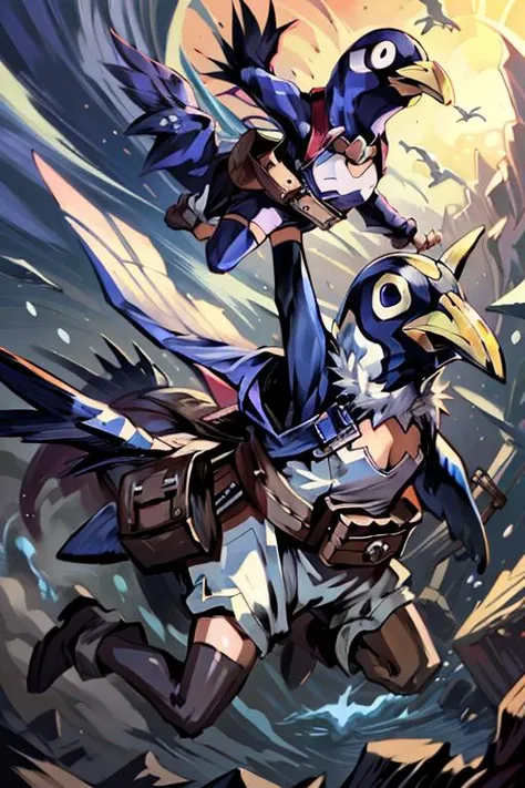 (masterpiece, best quality, highres, absurdres, ultra-detailed:1.2), ((1girl, solo, Asagi, short black hair, black eyes, AsGear, hairclip. fur-trimmed coat, thighhighs, black shorts, belt, fingerless gloves, cleavage, white fur collar, jumping through the air, joy)), <lora:Asagi-10:0.45> <lora:riding_a:0.7> (Asagi riding on a penguin, prinny:1.4) (by Prinny-10:1.3) <lora:Prinny-10:0.75>, <lora:add_detail_v1:0.85> <lora:LowRA:0.4>
