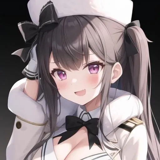 (masterpiece, best quality:1.2),illustration,8k,hd,1girl,solo,upper body,(portrait:1.2),white_headwear,black_thighhighs,black_gloves,long_hair,large_breasts,hat,smile,gloves,fur_trim,long_sleeves,blush,cleavage,coat,fur-trimmed_coat,purple_eyes,white_coat,fang,bangs,one_side_up,star_\(symbol\),black_hair,wide_sleeves,black_bow,bow,white_dress,hair_bow,dress,jacket,<lora:Pamiat(azur)>,