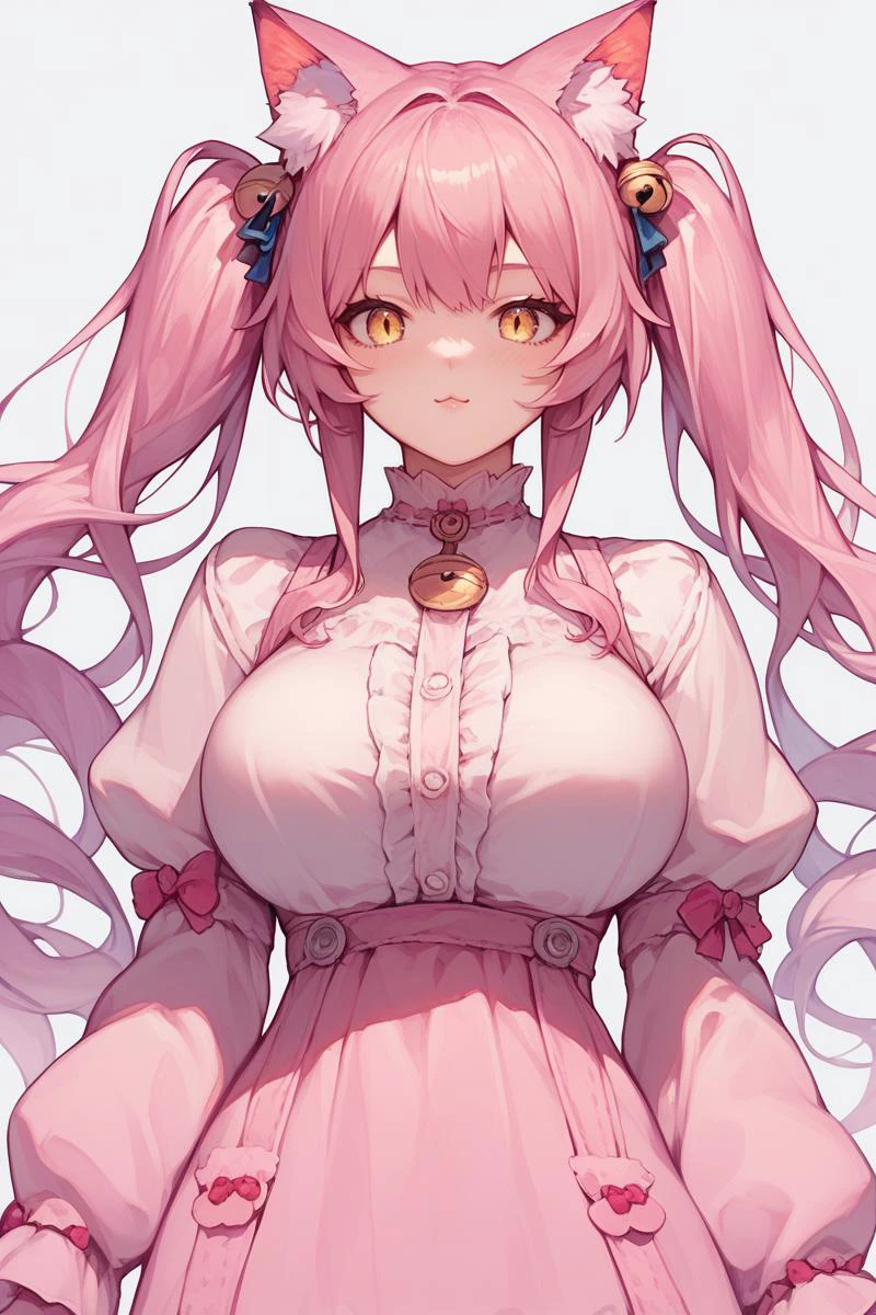 score_9, score_8_up, score_8, score_9, 1 girl, source_anime, 1 girl, pink hair, yellow eyes, large breasts, twintails, cowboy shot, pink blouse, detailed_background, <lora:Ogre_Style-pony:0.8>, nekomata, cat girl, cat ears, animal ears, animal ear fluff <lora:cat_girl_pony_v21:0.5>
