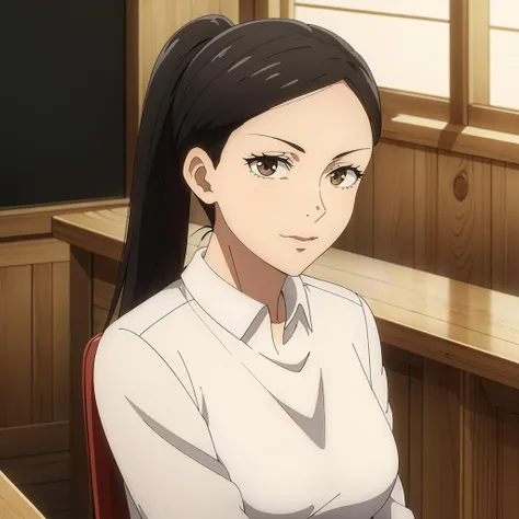 masterpiece,high quality,solo,
<lora:jyogakuinsensei001:0.7>,looking at viewer,smile,
jyogakuinsensei,1woman,
ponytail,teacher,
collared shirt,
skirt,
holding paper,
whispering,
blush,
pout,hand up,
looking away,