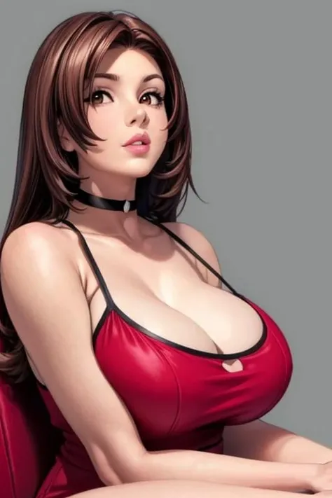 best quality, realistic,  from below, <lora:mariosano-000002:0.75> mariosano, 1girl, choker, lips, long hair, brown eyes, brown hair, , , dress, cleavage, solo, sitting, upper body, looking at viewer, facing viewer, simple background