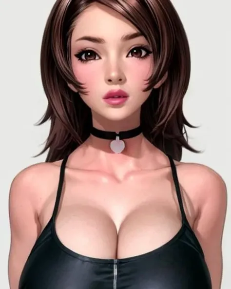 best quality, realistic, <lora:mariosano:1> mariosano, 1girl, choker, lips, brown eyes, brown hair, breasts, large breasts, lips,crop top, solo, upper body, looking at viewer, facing viewer, simple background