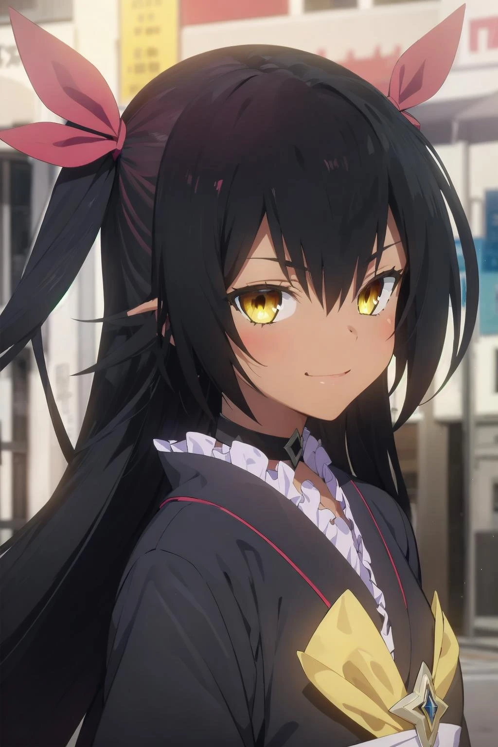 best quality, masterpiece, portrait, 1girl, aster nemesis, dark-skinned female, black hair, very long hair, yellow eyes, flat chest kimono, obi, ribbon, twin tails, looking at viewer, outdoors, city, night, smile,
<lora:Kizuki - To Love Ru - Nemesis:0.9>